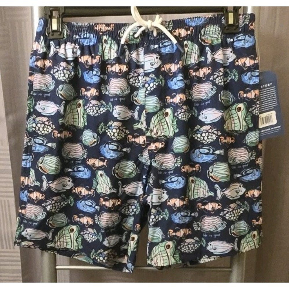 LIFE IS GOOD Mens Navy Blue Tropixal Fish Themed‎ Swim Shorts Size Small NWT